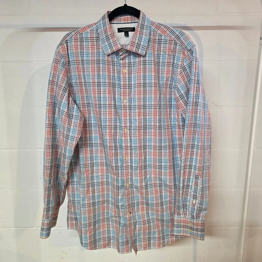 Banana‎ Republic Non Iron Slim Fit Plaid Dress Shirt Men Large Office  Casual